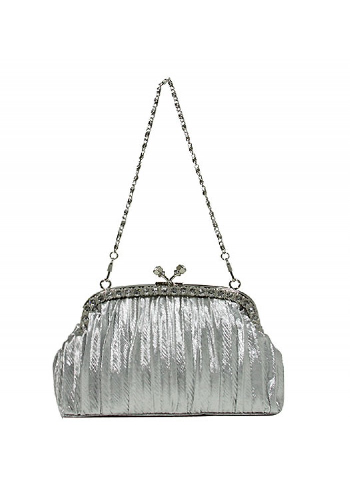 Evening Bag - Pleated Clutch w/ Rhinestone Frame - Silver -BG-92056S